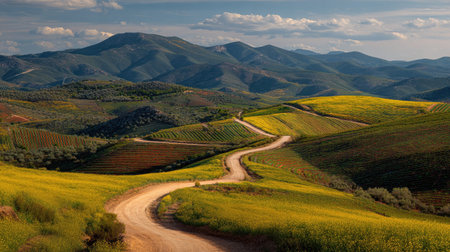 A photograph of Iberian peninsula hills 19 with iberian hills with winding dirt roads, vineyard...