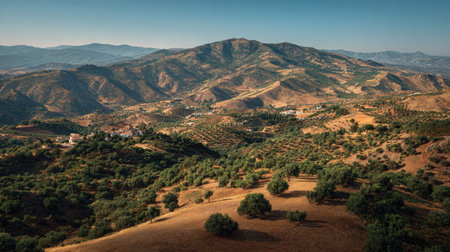 A photograph of Iberian peninsula hills with ancient villages, olive groves, hot summer, ultra...
