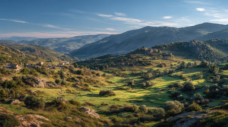 A photograph of Iberian peninsula hills 211 with iberian valley with scattered villages, stone farm...