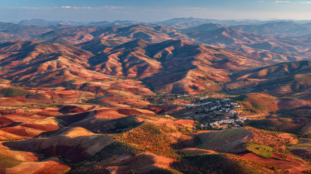 A photograph of Iberian peninsula hills 300 with iberian valley with scattered villages, dry red...