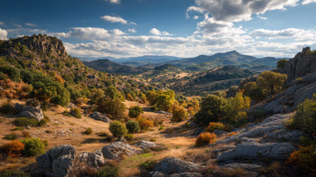 A photograph of Iberian peninsula hills 393 with iberian valley surrounded by hills, rocky limestone...
