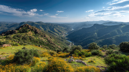 A photograph of Iberian peninsula hills 367 with iberian hills overlooking river valley,...