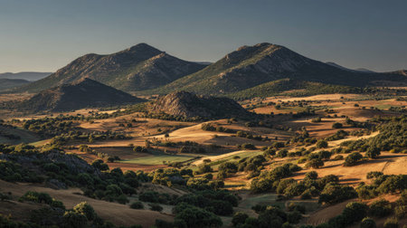 A photograph of Iberian peninsula hills 394 with iberian hills overlooking farmland, low...