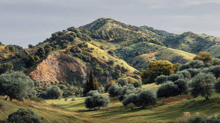 A photograph of Iberian peninsula hills 51 with dry mediterranean hill landscape, olive groves,...