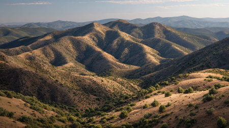 A photograph of Iberian peninsula hills 79 with rolling iberian hills, low mediterranean shrubs, hot...