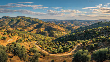A photograph of Iberian peninsula hills 487 with iberian hills with winding paths, olive groves,...
