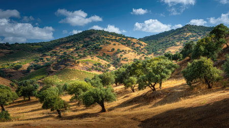 A photograph of Iberian peninsula hills 69 with iberian hillside vineyards, cork oak trees, hot...