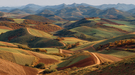 A photograph of Iberian peninsula hills 471 with iberian hills with winding paths, rural farmland...