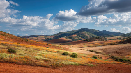 A photograph of Iberian peninsula hills 98 with sunlit iberian countryside hills, dry red soil,...