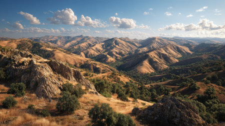 A photograph of Iberian peninsula hills 352 with rocky iberian hill ridges, fig trees, hot iberian...