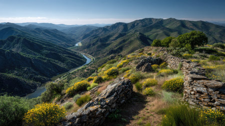 A photograph of Iberian peninsula hills 444 with iberian hills overlooking river valley, rural stone...