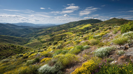 A photograph of Iberian peninsula hills 283 with iberian hillside vineyards, wild thyme plants,...