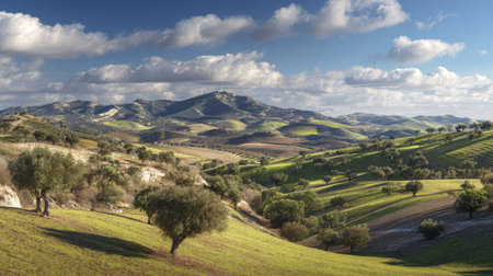 A photograph of Iberian peninsula hills 35 with iberian hillside vineyards, fig trees, mild...