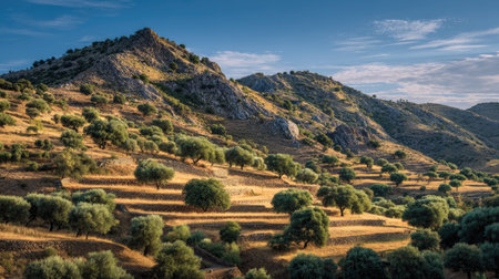 A photograph of Iberian peninsula hills 109 with olive covered hill slopes, stone farm terraces, hot...