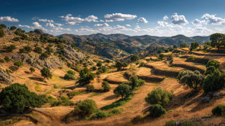 A photograph of Iberian peninsula hills with iberian hills with stone terraces, scattered...