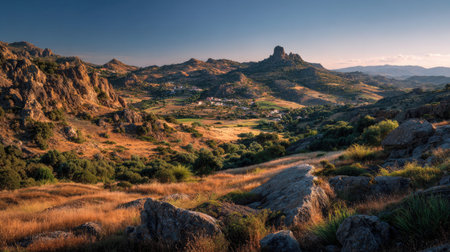 A photograph of Iberian peninsula hills 135 with iberian valley with scattered villages, rocky...