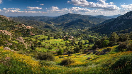 A photograph of Iberian peninsula hills 166 with iberian hills with ancient villages, mediterranean wild herbs, mediterranean spring bloom, ultra realistic landscape photography, wide angle lens, natural colors, clean composition, no peopleの写真素材