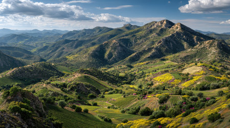 A photograph of Iberian peninsula hills 25 with rocky iberian hill ridges, vineyard rows,...