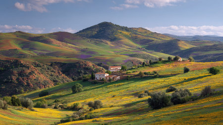 A photograph of Iberian peninsula hills 311 with iberian hills with scattered farmhouses, rural...