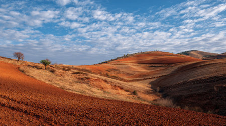 A photograph of Iberian peninsula hills 14 with iberian rural hill landscape, dry red soil, mild...