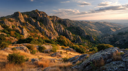 A photograph of Iberian peninsula hills 274 with iberian hill ridge landscape, rocky limestone...