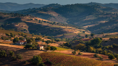 A photograph of Iberian peninsula hills 403 with iberian hills with scattered farmhouses, vineyard...