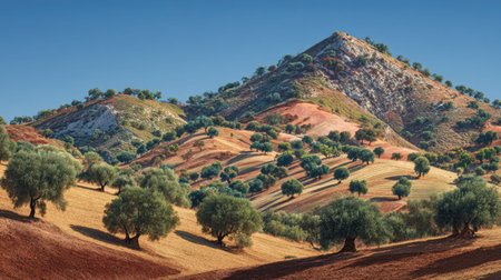 A photograph of Iberian peninsula hills 68 with olive covered hill slopes, almond trees, hot iberian...