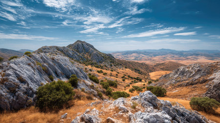 A photograph of Iberian peninsula hills 431 with iberian hill ridge landscape, rocky limestone...