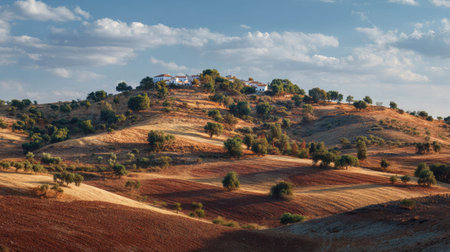 A photograph of Iberian peninsula hills 63 with iberian hill slopes with villages, rural farmland...