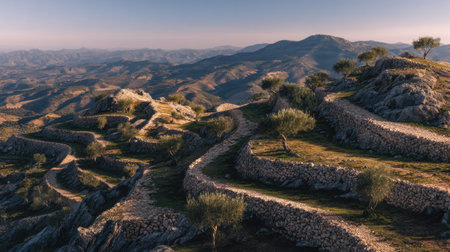 A photograph of Iberian peninsula hills 73 with iberian hills with stone terraces, almond trees,...