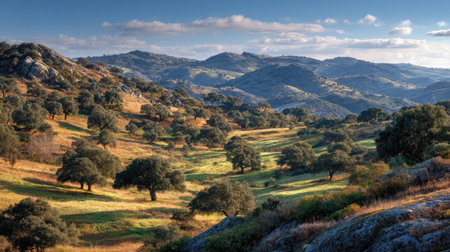 A photograph of Iberian peninsula hills 441 with iberian countryside hill plateau, scattered cork...