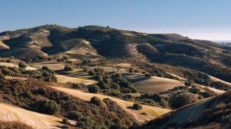 A photograph of Iberian peninsula hills 33 with iberian hillside vineyards, scattered countryside...