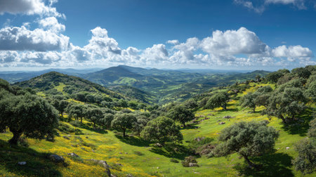 A photograph of Iberian peninsula hills 9 with iberian plateau hills, cork oak trees, mediterranean...