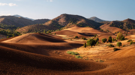 A photograph of Iberian peninsula hills 98 with sunlit iberian countryside hills, dry red soil,...