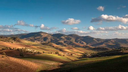 A photograph of Iberian peninsula hills 193 with iberian hillside farmland, vineyard rows, mild...