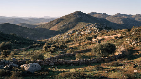 A photograph of Iberian peninsula hills 131 with iberian countryside hill plateau, rural stone...