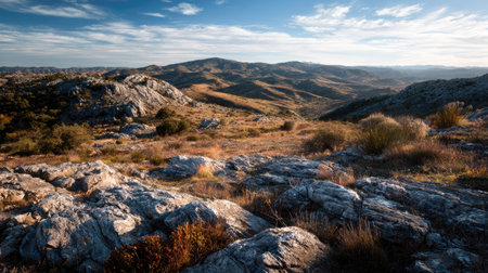 A photograph of Iberian peninsula hills 175 with iberian plateau hills, rocky limestone ground, mild...