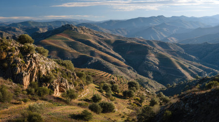 A photograph of Iberian peninsula hills 10 with iberian hills overlooking vineyards, rocky hillside outcrops, mild mediterranean winter, ultra realistic landscape photography, wide angle lens, natural colors, clean composition, no peopleの写真素材