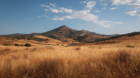 A photograph of Iberian peninsula hills 167 with iberian hill ridge landscape, dry mediterranean grasses, hot iberian summer, ultra realistic landscape photography, wide angle lens, natural colors, clean composition, no peopleの写真素材