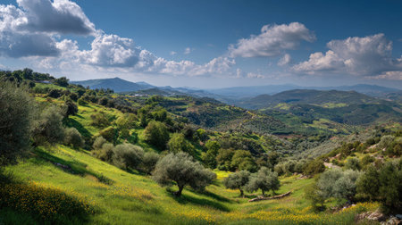 A photograph of Iberian peninsula hills 338 with iberian rural hill landscape, olive groves,...