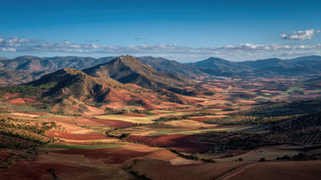 A photograph of Iberian peninsula hills 133 with iberian countryside hills with distant valleys, dry red soil, warm iberian autumn, ultra realistic landscape photography, wide angle lens, natural colors, clean composition, no peopleの写真素材