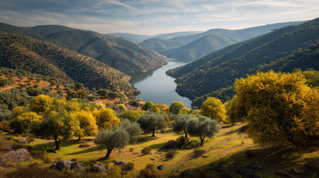 A photograph of Iberian peninsula hills 248 with iberian hills overlooking river valley, almond...