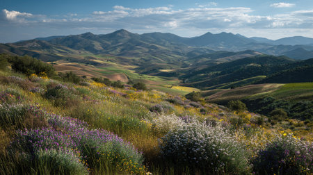 A photograph of Iberian peninsula hills 339 with iberian hills overlooking vineyards, wild thyme...