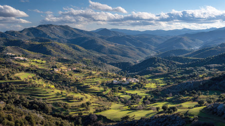 A photograph of Iberian peninsula hills 211 with iberian valley with scattered villages, stone farm...