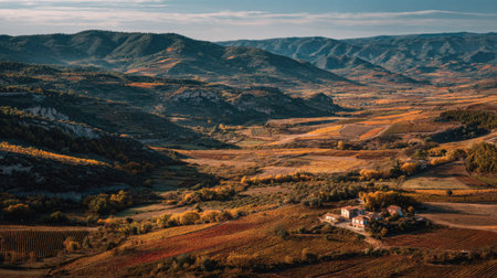 A photograph of Iberian peninsula hills 403 with iberian hills with scattered farmhouses, vineyard...