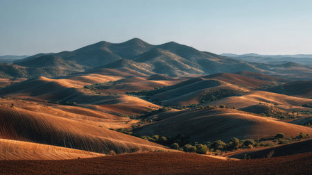 A photograph of Iberian peninsula hills 234 with sunlit iberian countryside hills, rural farmland...