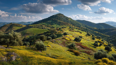 A photograph of Iberian peninsula hills 340 with iberian hillside vineyards, scattered cork oak...