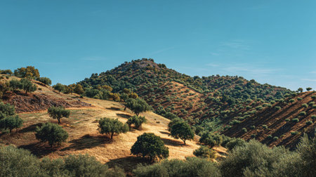 A photograph of Iberian peninsula hills 68 with olive covered hill slopes, almond trees, hot iberian...