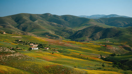 A photograph of Iberian peninsula hills 311 with iberian hills with scattered farmhouses, rural...