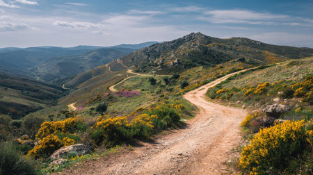 A photograph of Iberian peninsula hills 420 with iberian hills with winding dirt roads, dusty...